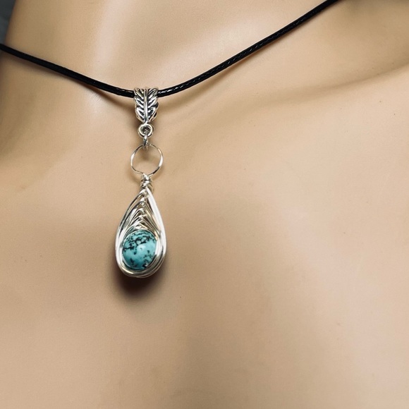 Genuine Turquoise Pendant Hand Wire Wrapped With Silver Pl Wire - Picture 6 of 8